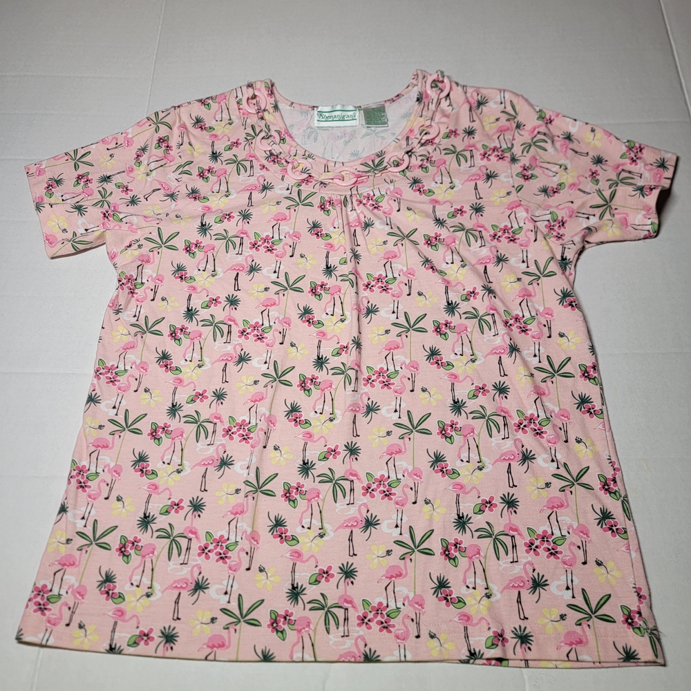 Shenanigans Flamingos Pink‎ Floral T-Shirt Size Small